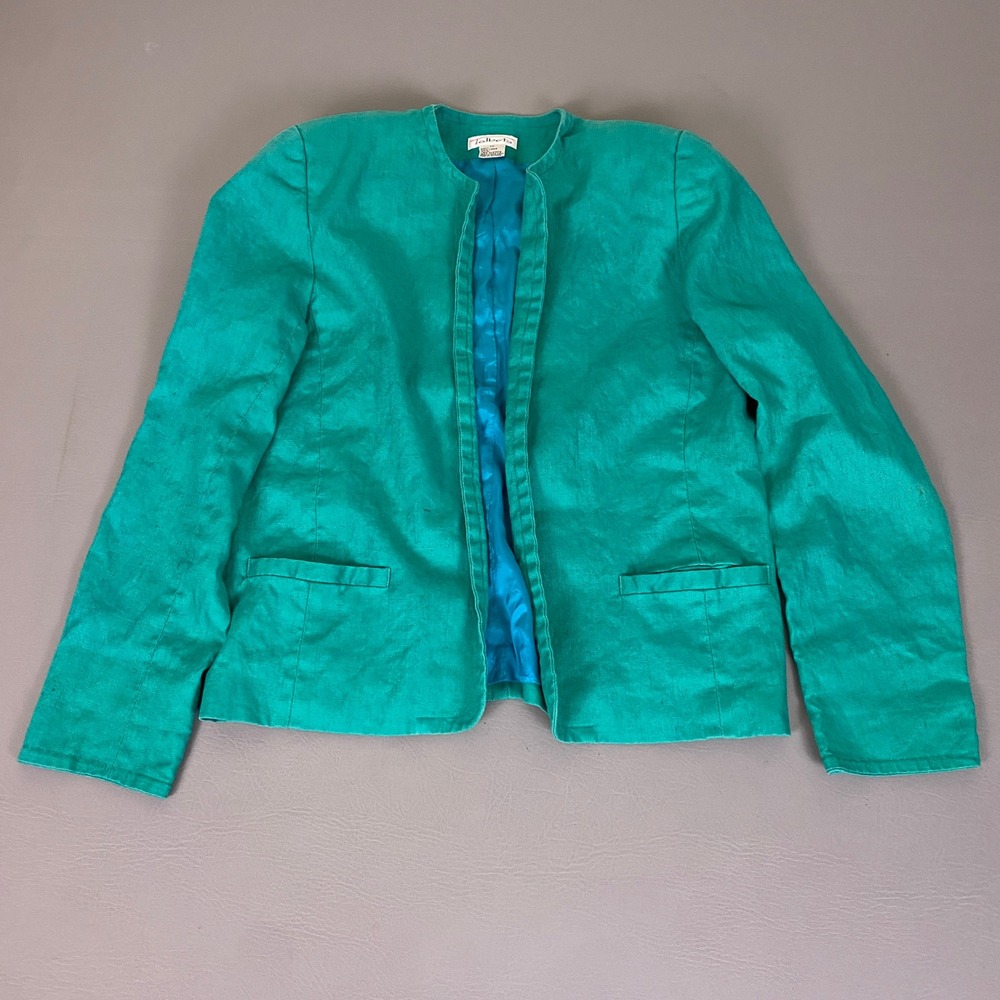 Vintage Talbots 100% Linen Blazer‎ Jacket Women's 10 Emerald Green Collarless *